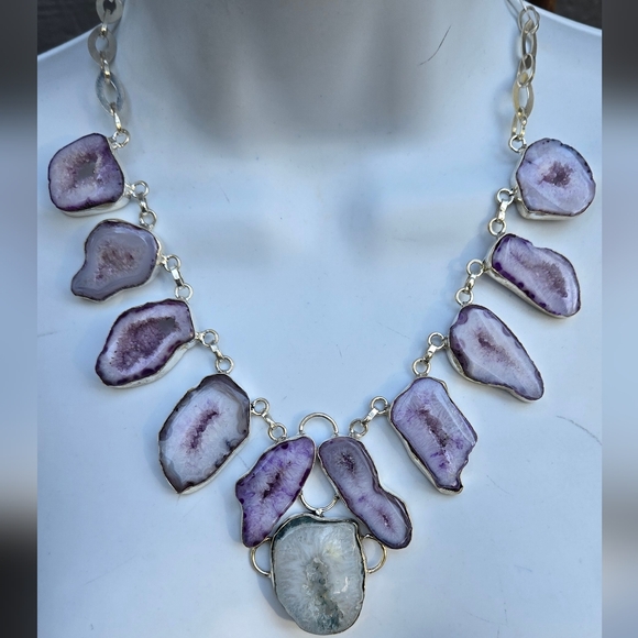 Agate purple lace drutzy sterling silver bib necklace - Picture 5 of 9